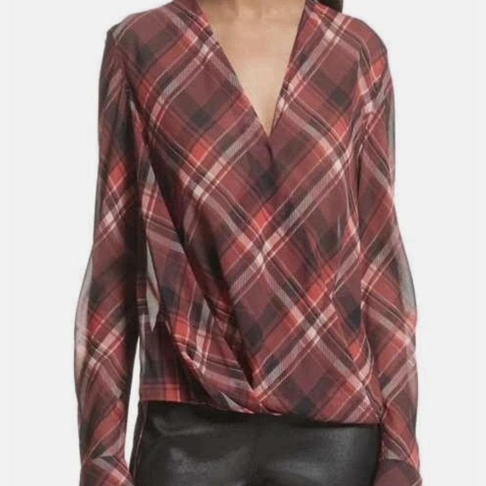 Rag & Bone Victor Silk Draped Red Plaid Blouse SZ.S